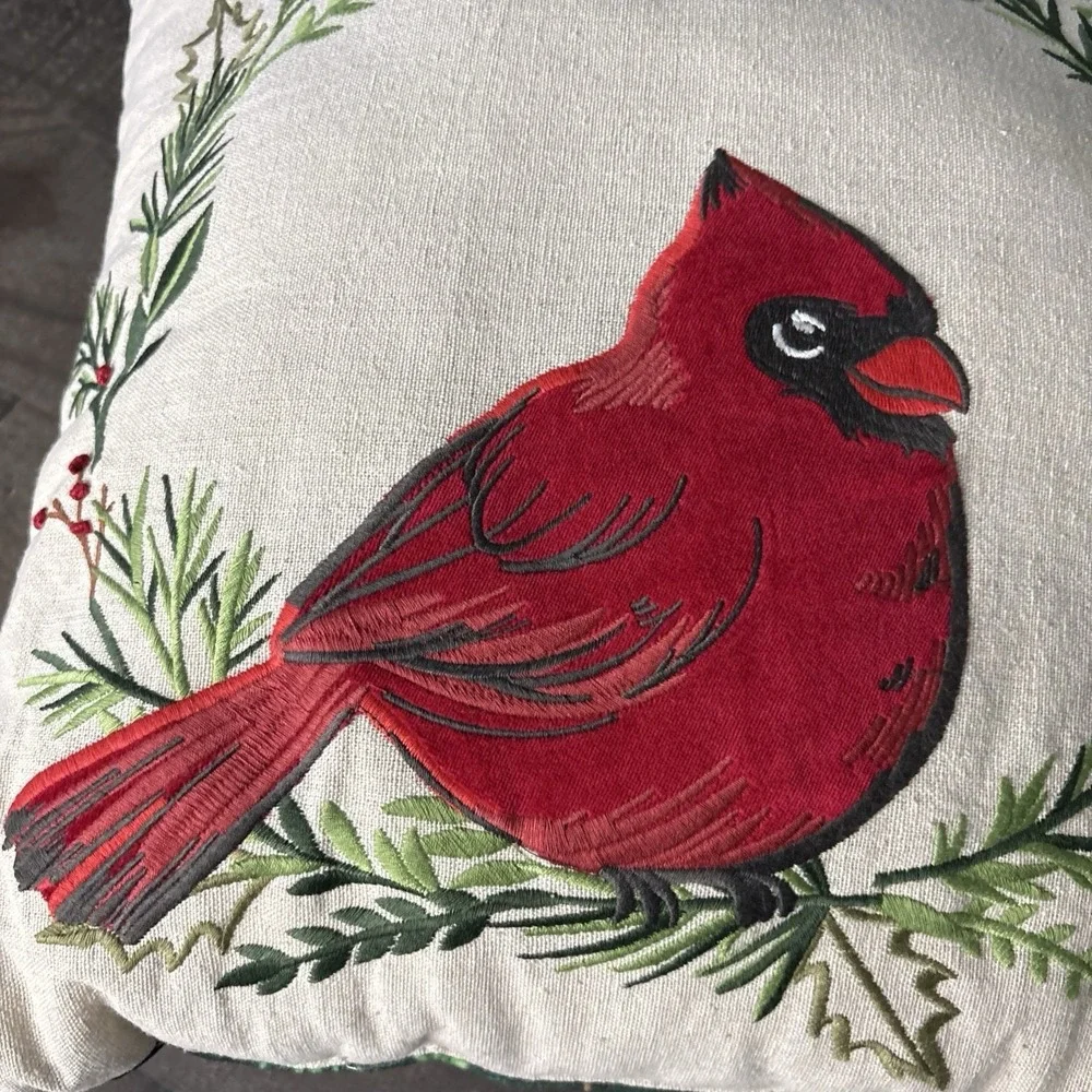 Red Cardinal Bird Holly Berry Wreath Christmas Embroidered Throw Pillow 18x18